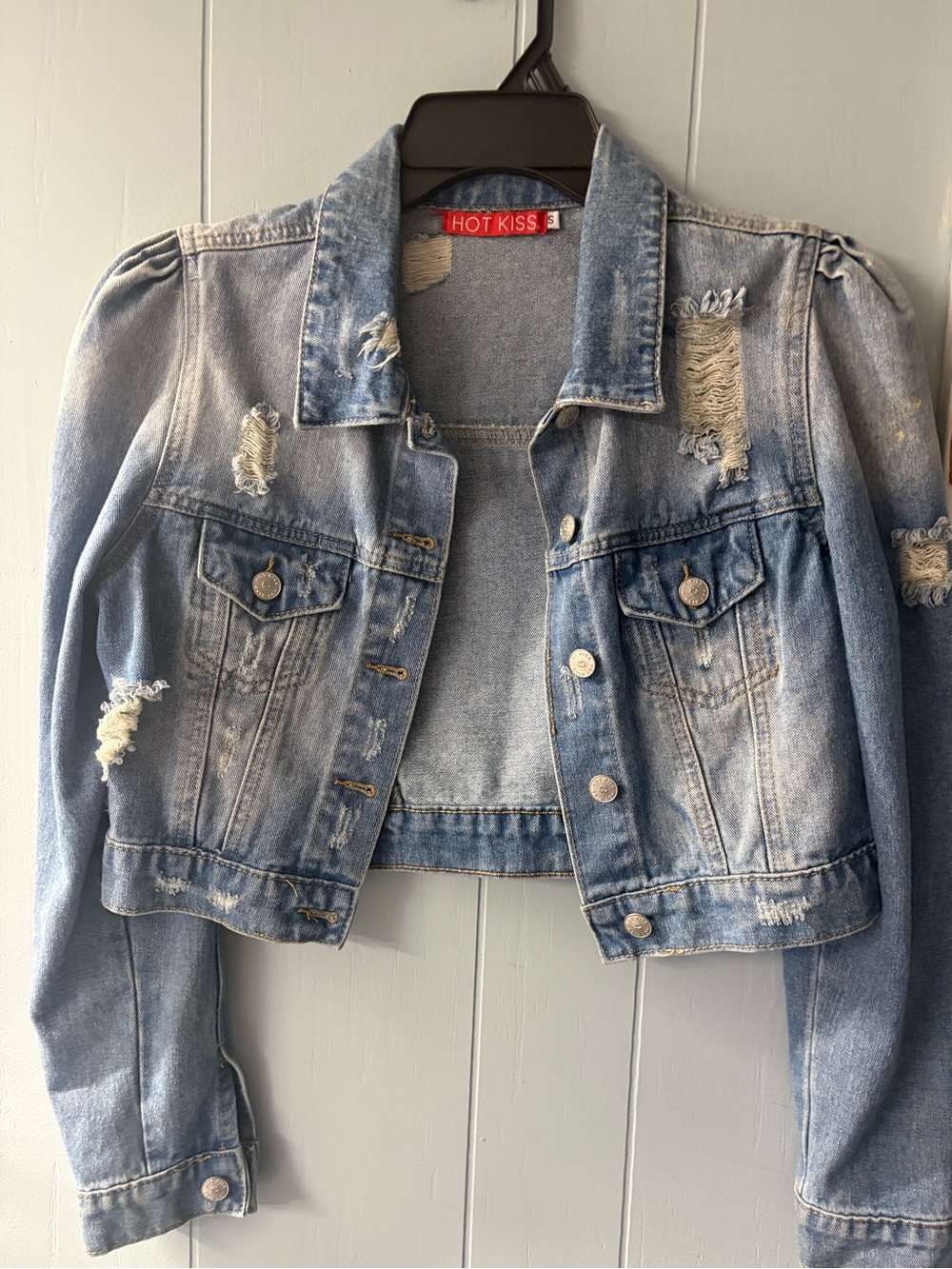 Hot Kiss Light Blue Distressed Cropped Denim Jacket